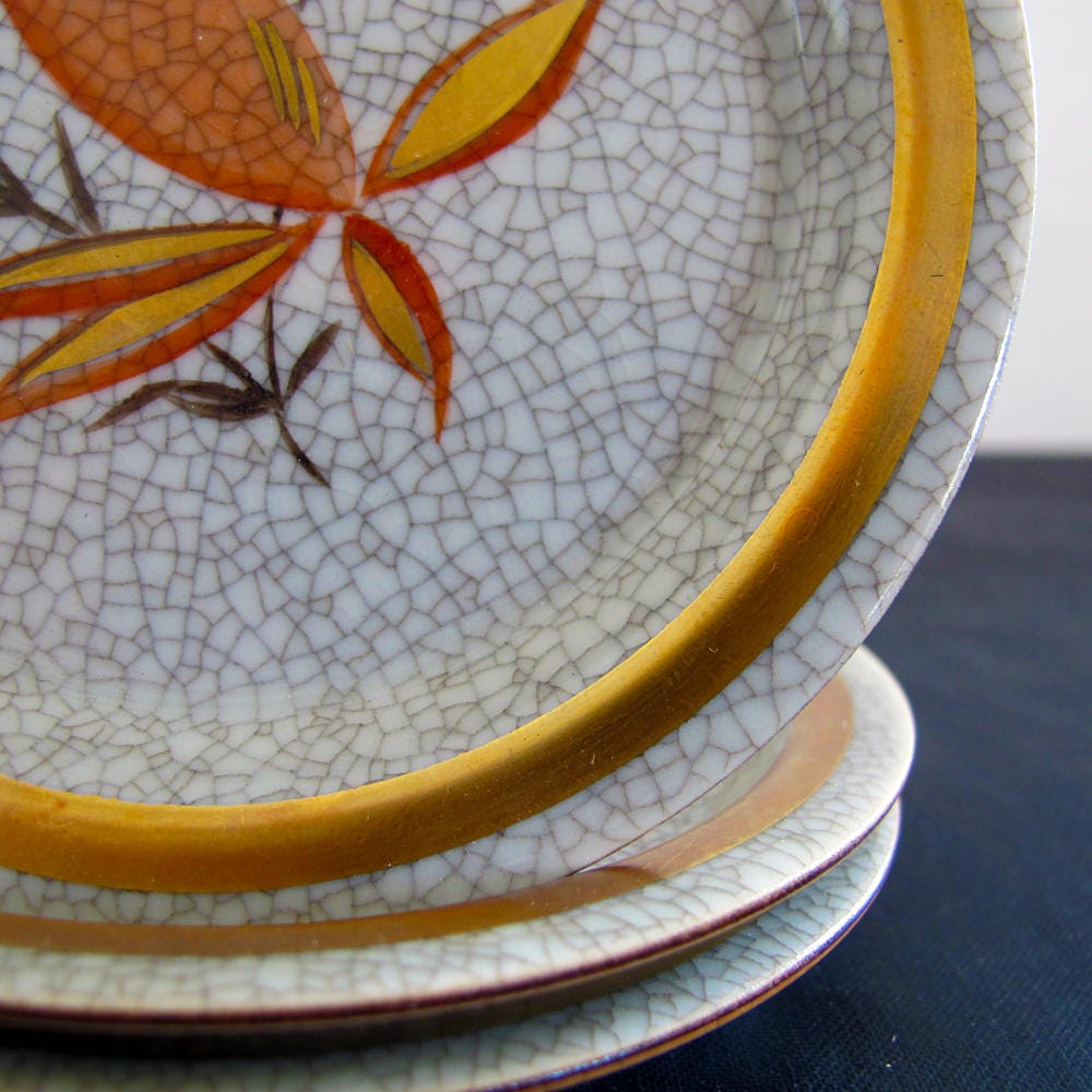 Royal Copenhagen Plate Lily of the Valley Crackle Gold Vermillion Midcentury 1950s Danish Scandinavian