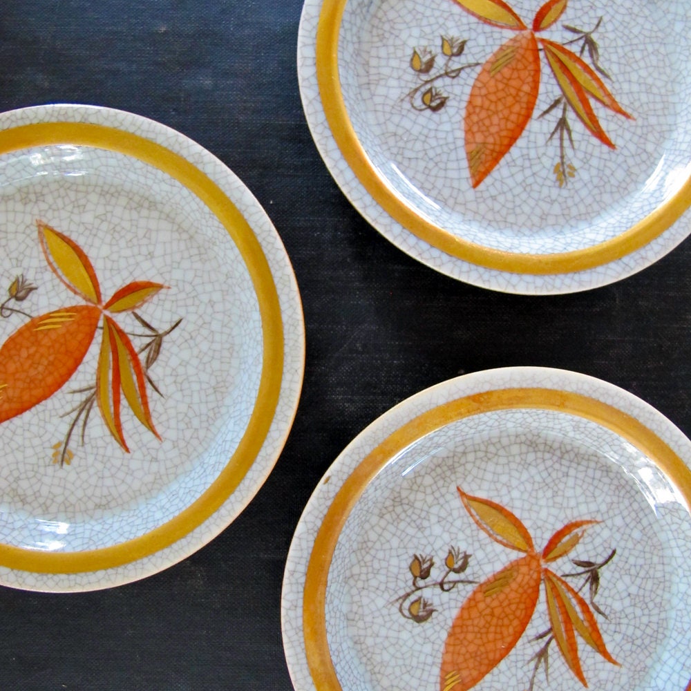 Royal Copenhagen Plate Lily of the Valley Crackle Gold Vermillion Midcentury 1950s Danish Scandinavian