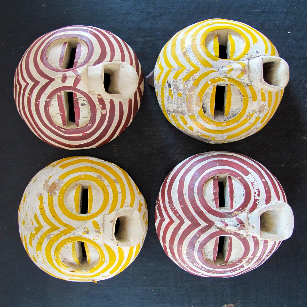 Miniature African Mask Set Four Red Yellow White Stripes Collection 1970s Childrens Child-Size