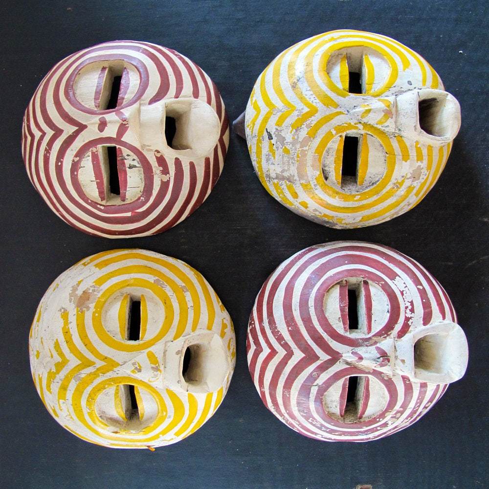 Miniature African Mask Set Four Red Yellow White Stripes Collection 1970s Childrens Child-Size