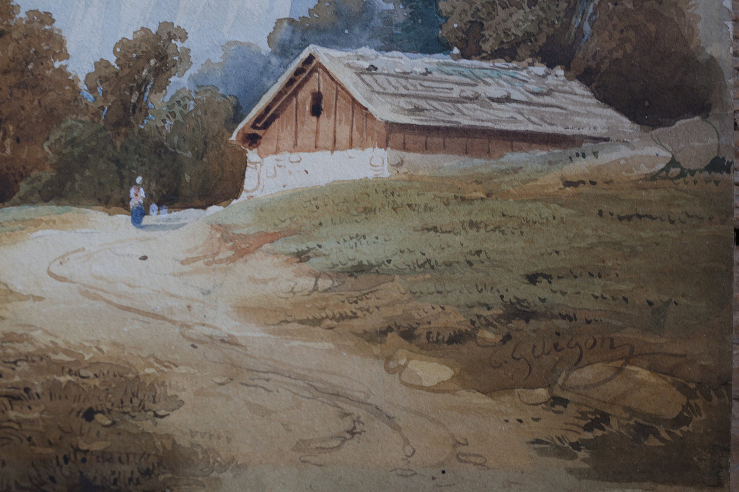 Charles Louis Guigon Painting Watercolor Swiss Alps Mountains Switzerland Original (1807-1882) Signed