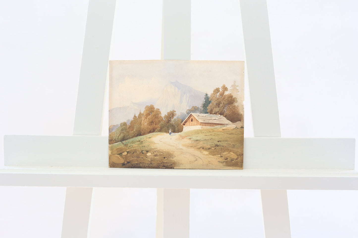 Charles Louis Guigon Painting Watercolor Swiss Alps Mountains Switzerland Original (1807-1882) Signed