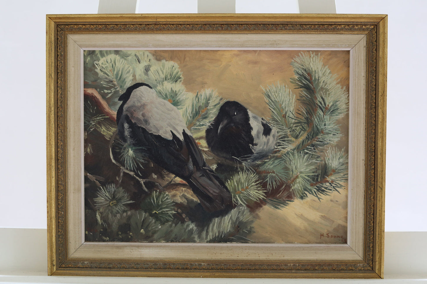 Painting Scandinavian Birds Danish Hooded Crows Henriette Sonne Oil Original Framed Signed Winter Interior Design Wall Hanging