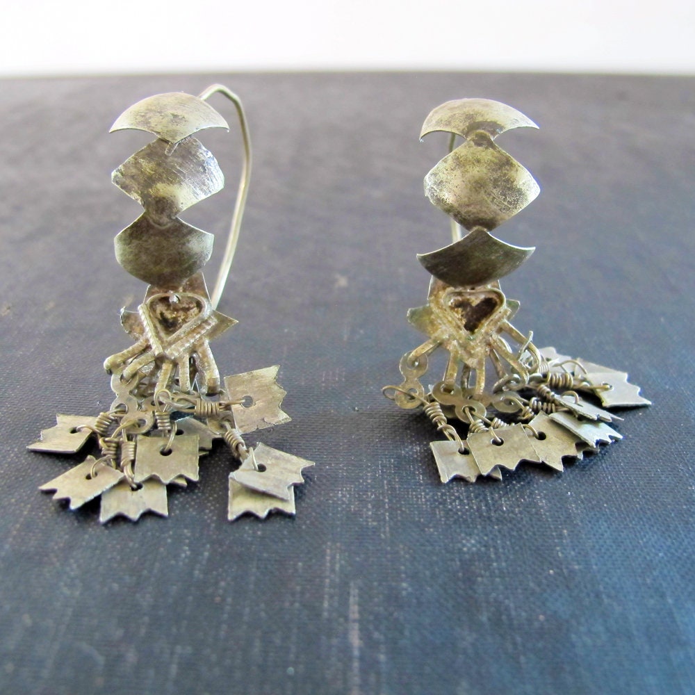 Earrings Indian Coin Silver Vintage Antique Traditional Chandelier Pierced