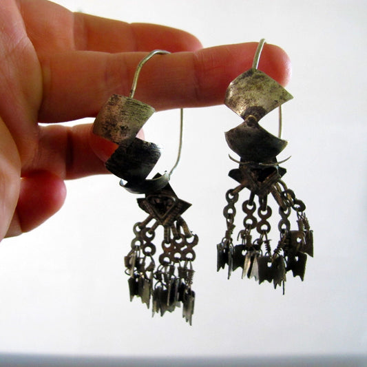 Earrings Indian Coin Silver Vintage Antique Traditional Chandelier Pierced