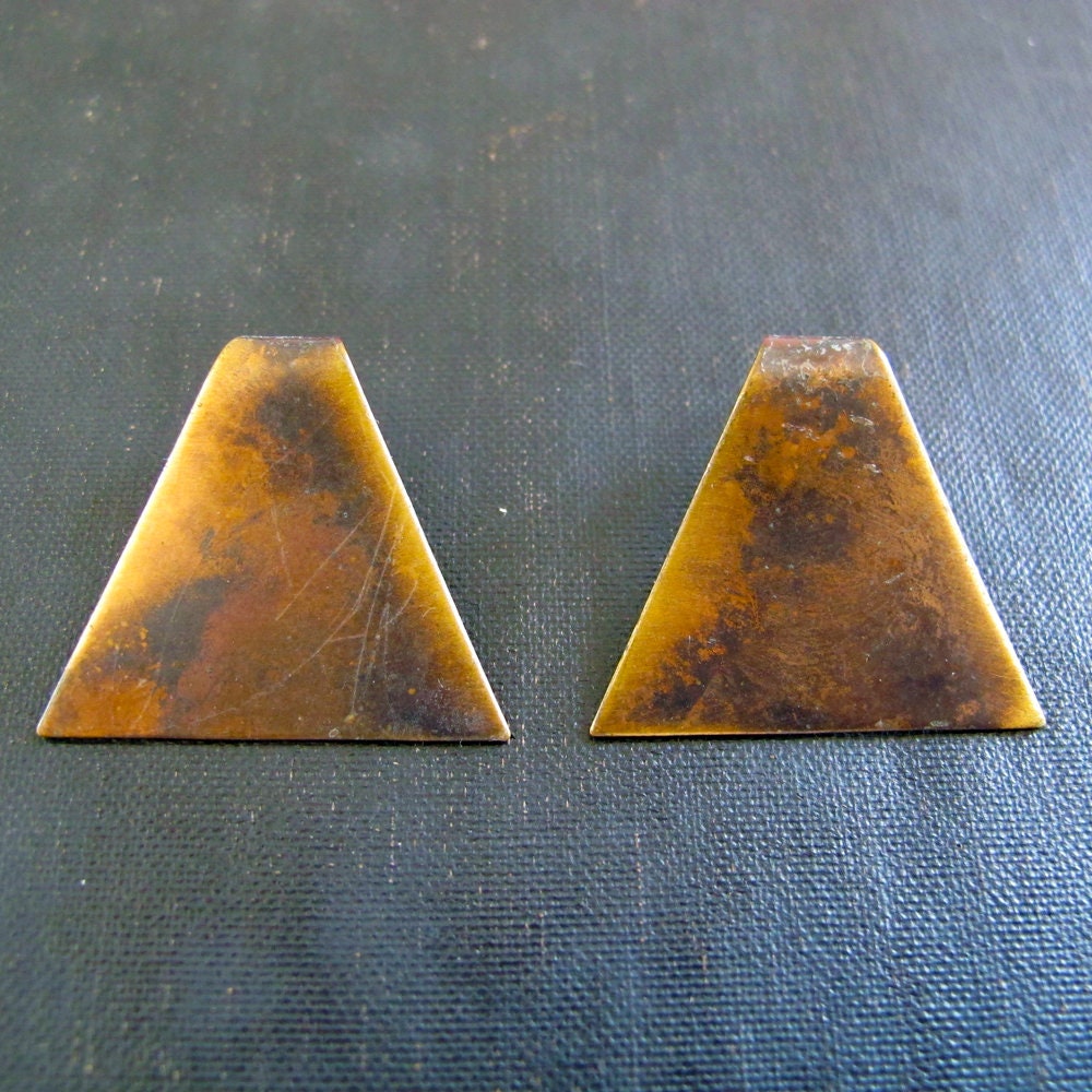 Earrings Modernist Copper Artist Made 1960s Triangle Patina Minimalist