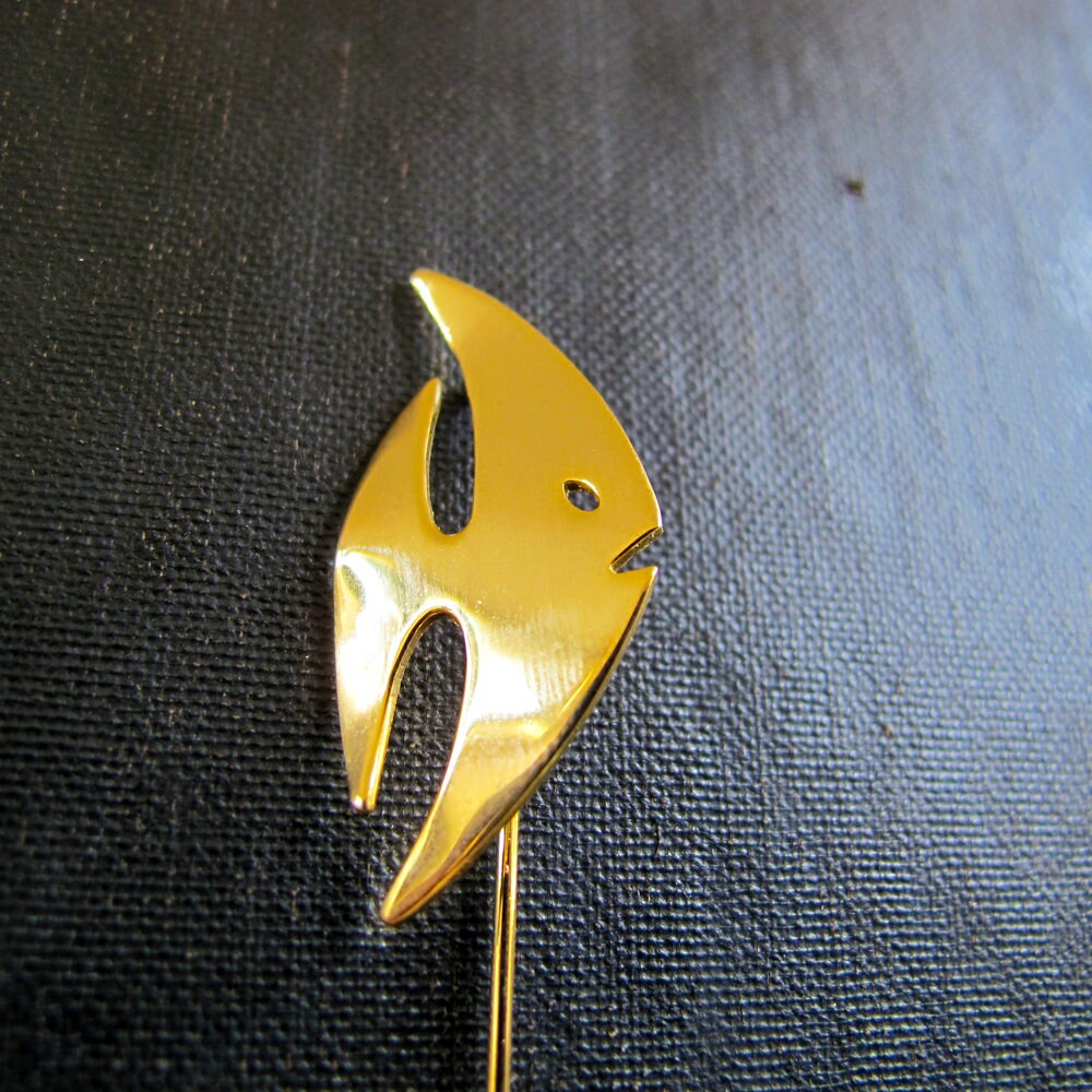 Fish Brooch Stick Pin, Tie Pin, Midcentury Angelfish Angel Fish 1960s Gold Costume Jewelry