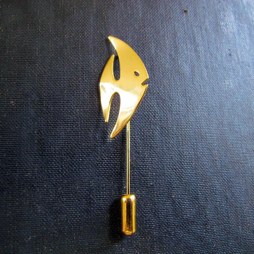 Fish Brooch Stick Pin, Tie Pin, Midcentury Angelfish Angel Fish 1960s Gold Costume Jewelry