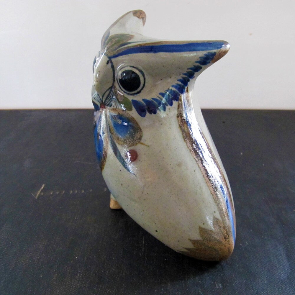 Owl Mexican Folk Art Studio Pottery 1970s Indigo Lapis Blue Signed Large