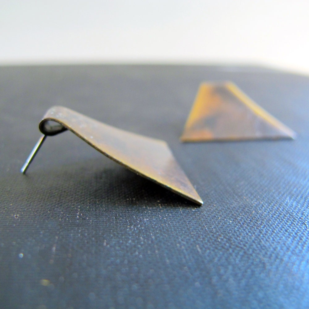 Earrings Modernist Copper Artist Made 1960s Triangle Patina Minimalist