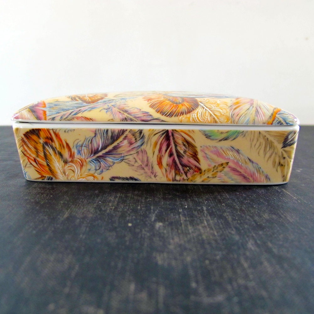 Playing Card Cigarette Box 1970s Neiman Marcus Feathers Turquoise Blue Coral Pink