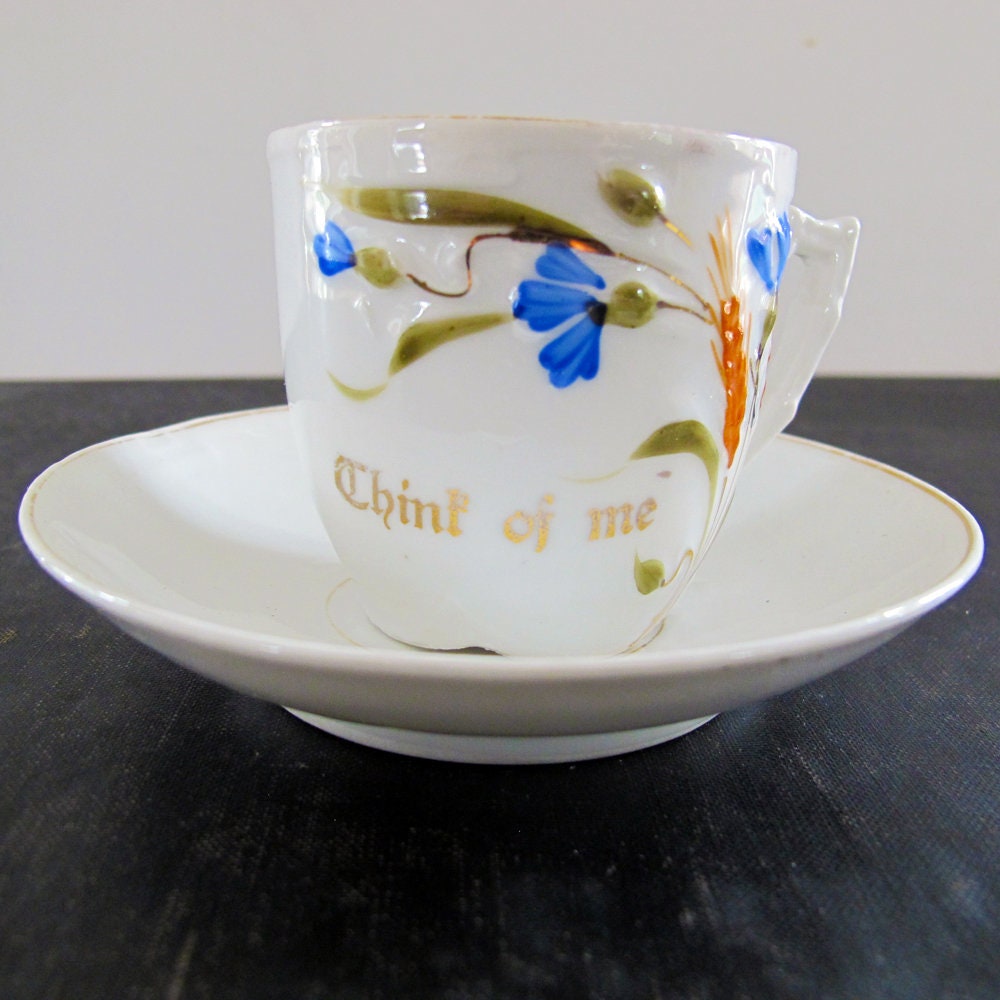 Cup and Saucer "Think of Me" Golden Wheat Blue Flax Flowers Made in Germany 1900