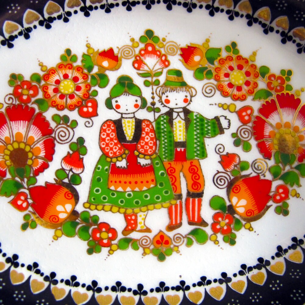 Dish Austrian Enamel Email Studio Steinböck Lotte 1970s Figural Trinket Jewelry Tray Dish Gold Black White Red Green Orange Alpine Austria