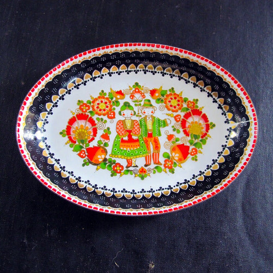 Dish Austrian Enamel Email Studio Steinböck Lotte 1970s Figural Trinket Jewelry Tray Dish Gold Black White Red Green Orange Alpine Austria