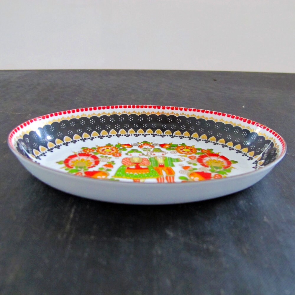 Dish Austrian Enamel Email Studio Steinböck Lotte 1970s Figural Trinket Jewelry Tray Dish Gold Black White Red Green Orange Alpine Austria