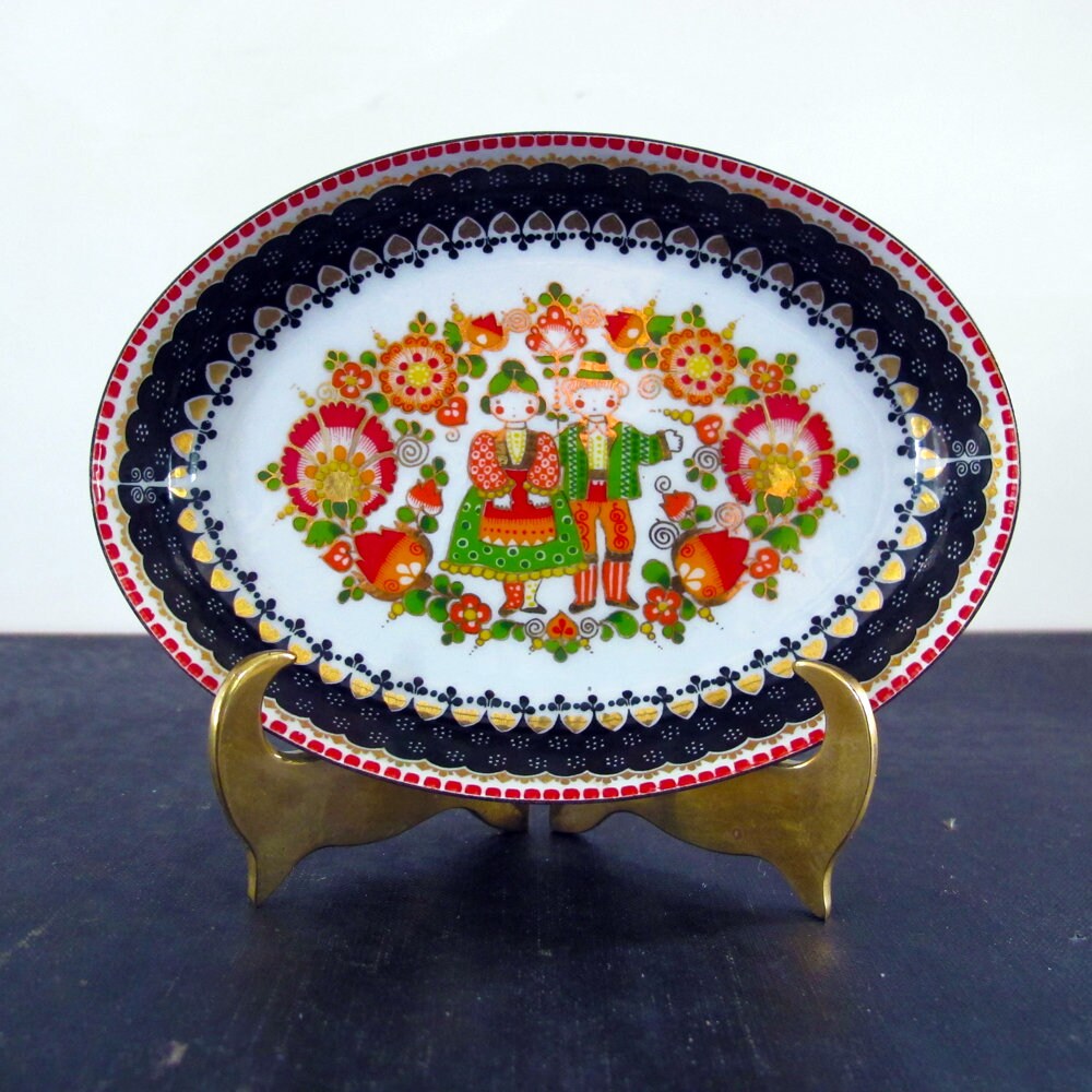 Dish Austrian Enamel Email Studio Steinböck Lotte 1970s Figural Trinket Jewelry Tray Dish Gold Black White Red Green Orange Alpine Austria