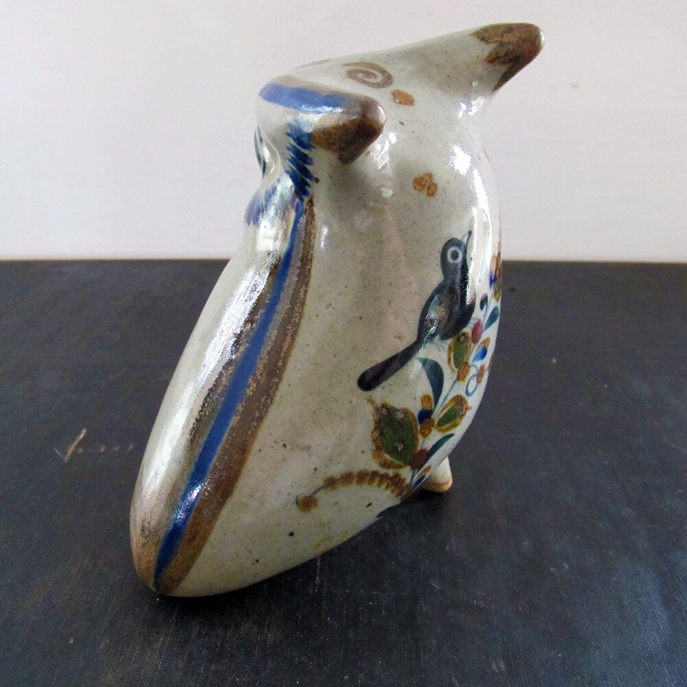 Owl Mexican Folk Art Studio Pottery 1970s Indigo Lapis Blue Signed Large