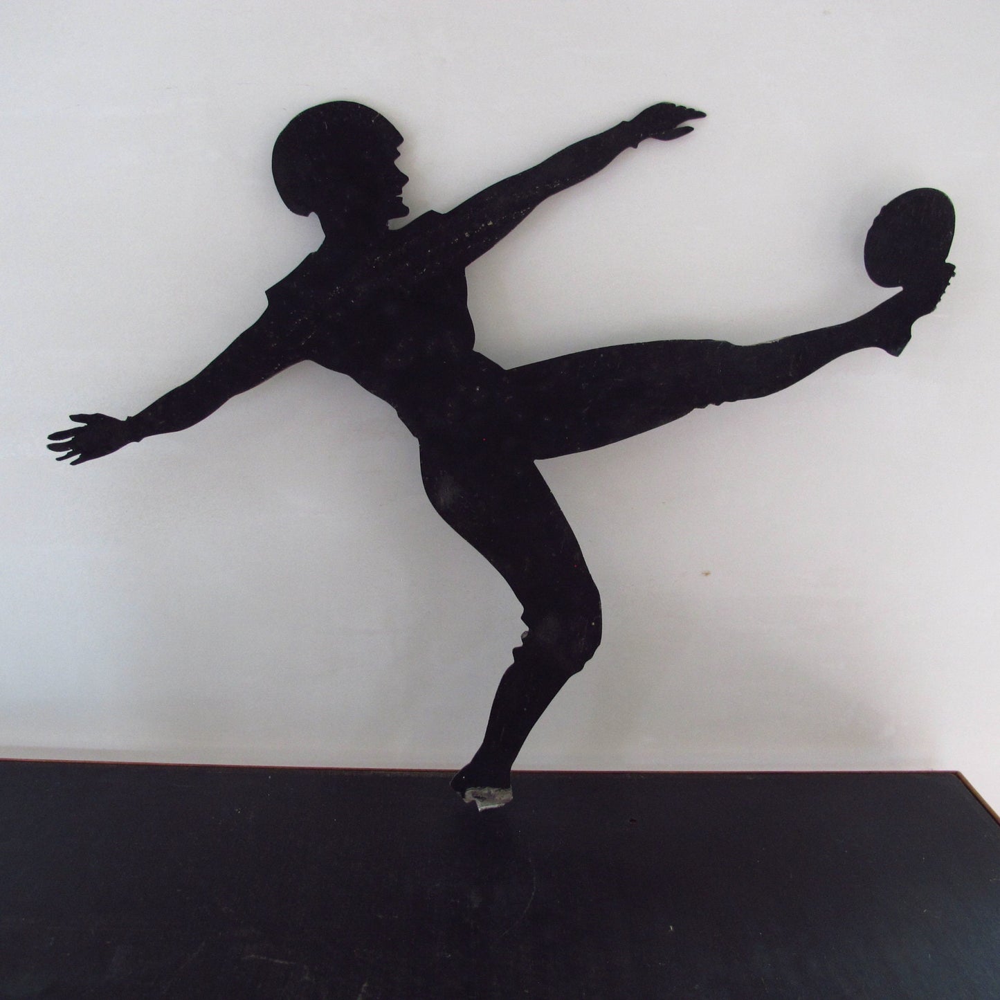 Football Player Kickoff Cut Metal Silhouette 1930s Kicking Antique Sign