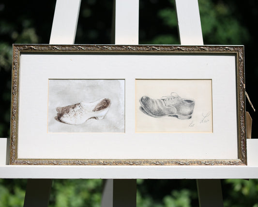 Drawing Edwardian Pair of Shoes Lady's Slipper Framed Signed 1910s Original Art