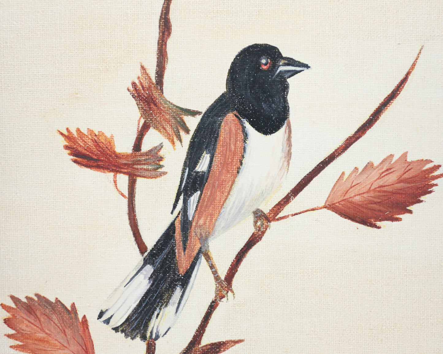 Bird Paintings Pair Evening Grosbeak Eastern Towhee Original Oil Canvas Naive