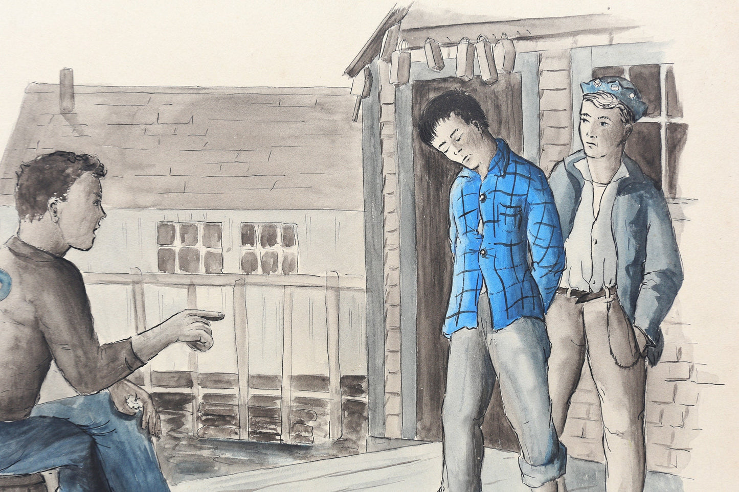 Painting Watercolor Gouache Teenage Boys on pier On the Waterfront Louise Rosen II Illustration Art Black and White