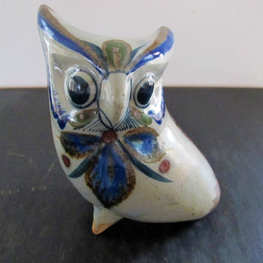 Owl Mexican Folk Art Studio Pottery 1970s Indigo Lapis Blue Signed Large