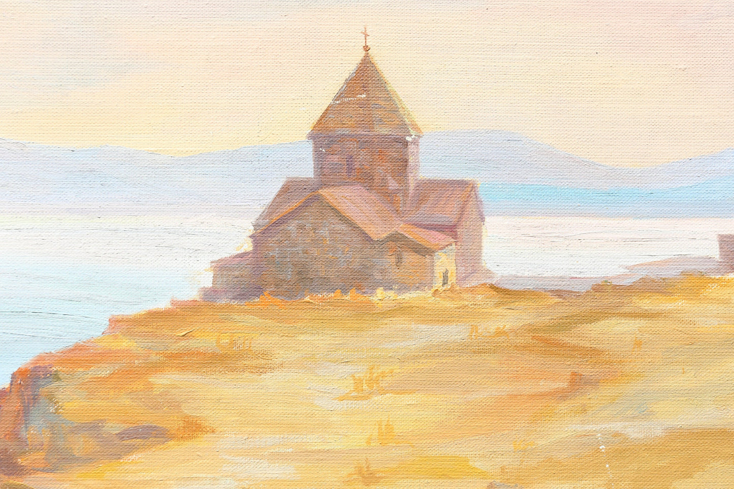 Armenian Painting Orthodox Sevanavank near Lake Sevan Oil on Masonite