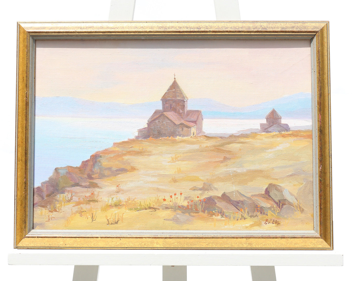 Armenian Painting Orthodox Sevanavank near Lake Sevan Oil on Masonite