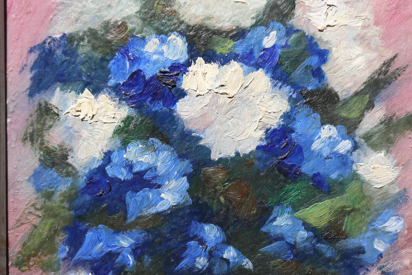 Painting Oil on Board Masonite Hydrangeas in Blue and White Artist Signed Roubert 1950s Period Frame