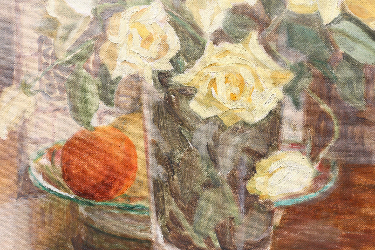 Painting Oil on Canvasboard "Pale Roses" Artist Signed Jule Melbardis 1950s Yellow Roses Modernist MCM Mid Century Modern Realist