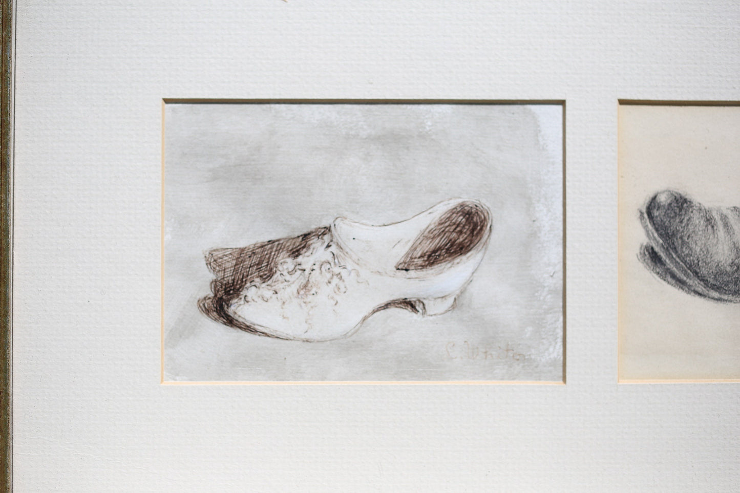 Drawing Edwardian Pair of Shoes Lady's Slipper Framed Signed 1910s Original Art