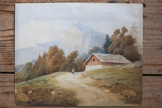 Charles Louis Guigon Painting Watercolor Swiss Alps Mountains Switzerland Original (1807-1882) Signed