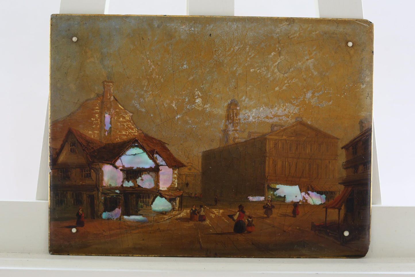 Boston Painting Oil Faneuil Hall on Board Boston Quincy Market Massachusetts Antique papier-mâché 1850s