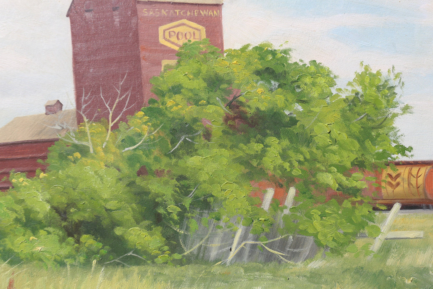 Oil Painting Landscape Norman Kelly Saskatchewan Pool Prairie Elevator Oil on Canvas Train Canada Canadian Western Art Original