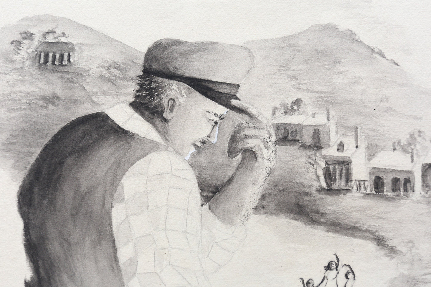 Painting Watercolor Gouache Milkman Man with Pet Raccoon Louise Rosen II Illustration Art