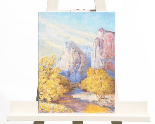 Oil Painting Landscape Treescape on Canvasboard "Connecticut Rock Formations with Autumn Fall Trees" Artist Jule Melbardis 1950s