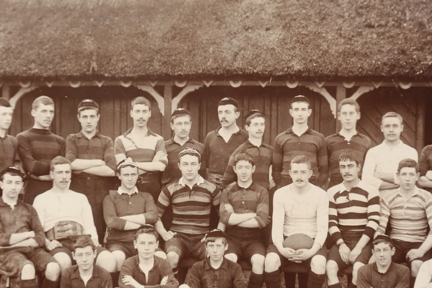 Antique Large Format Photograph Rugby Team Photo 1897-1898 Old Honitionian Thatch Roof Rugby Stripes Fully Labeled Hand Calligraphy