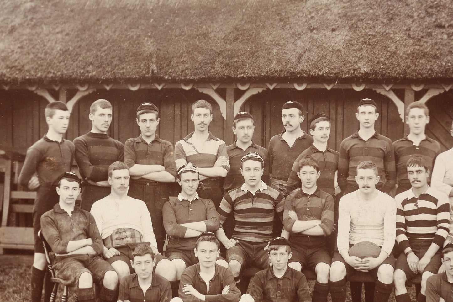 Antique Large Format Photograph Rugby Team Photo 1897-1898 Old Honitionian Thatch Roof Rugby Stripes Fully Labeled Hand Calligraphy