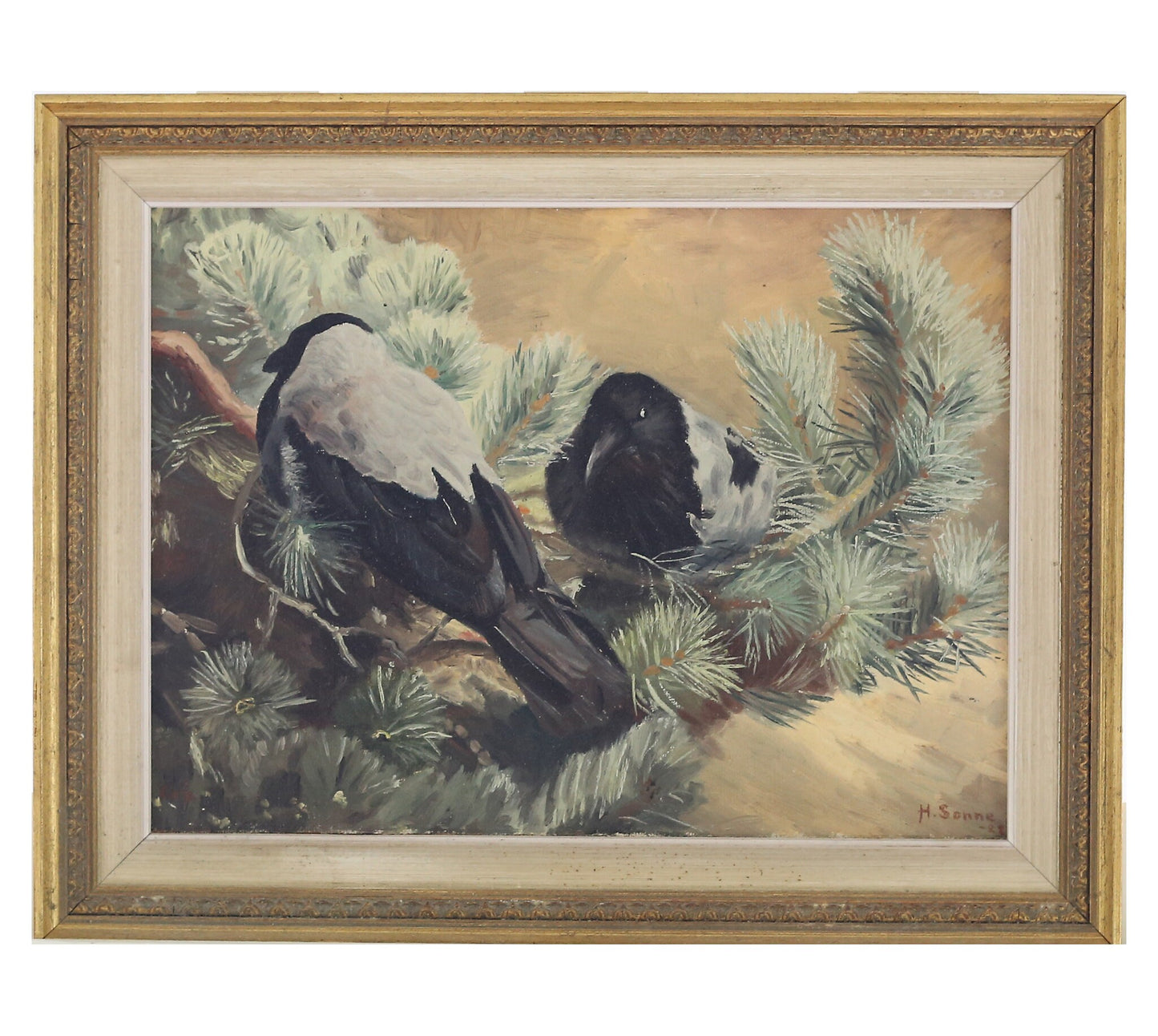 Painting Scandinavian Birds Danish Hooded Crows Henriette Sonne Oil Original Framed Signed Winter Interior Design Wall Hanging