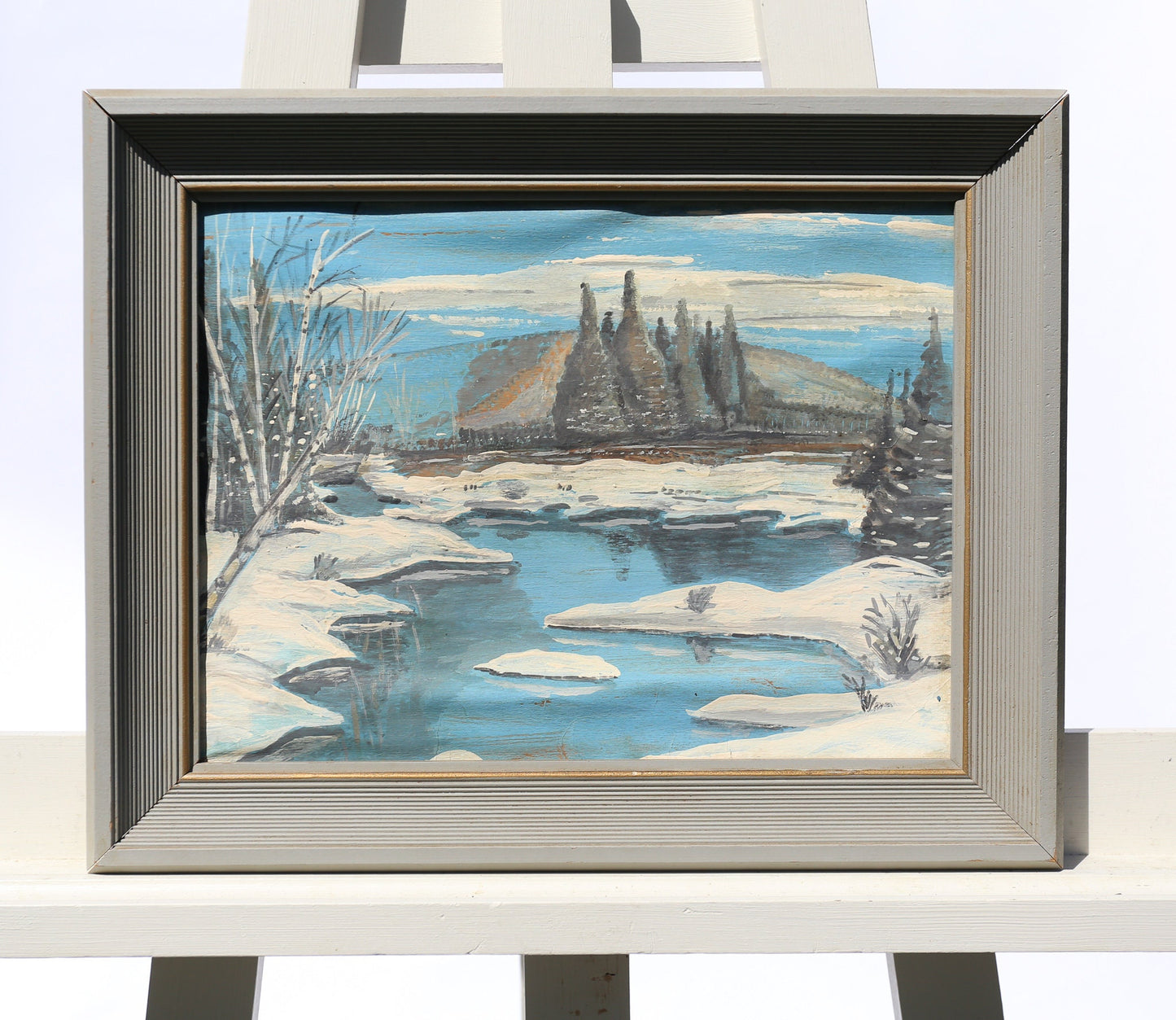 Oil Painting Winter Snowscape Landscape Folk Art Blue 1940s Period Frame on Paper Laid to Board