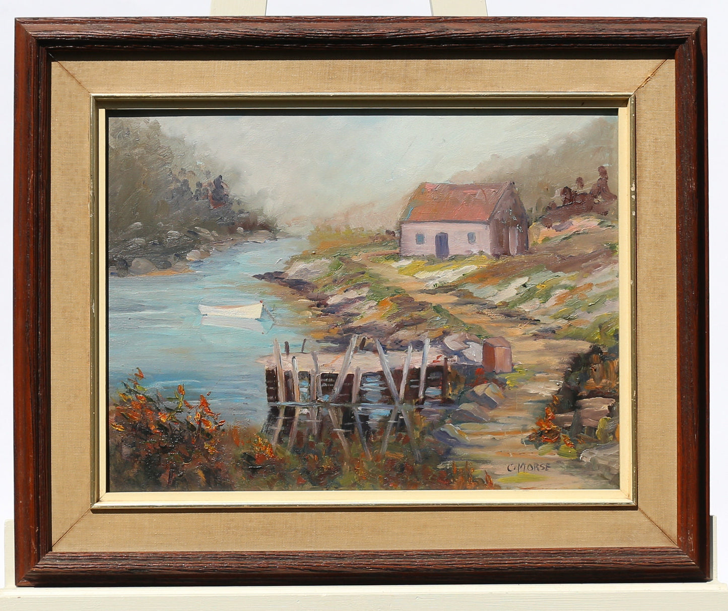 Oil Painting Signed American Impressionist River Harbor Cottage and Dory Rowboat 1970s Period Frame on Board