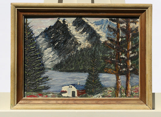 Oil Painting Mountain Lake Cottage Scene Artist Signed T. Halnosi on Board