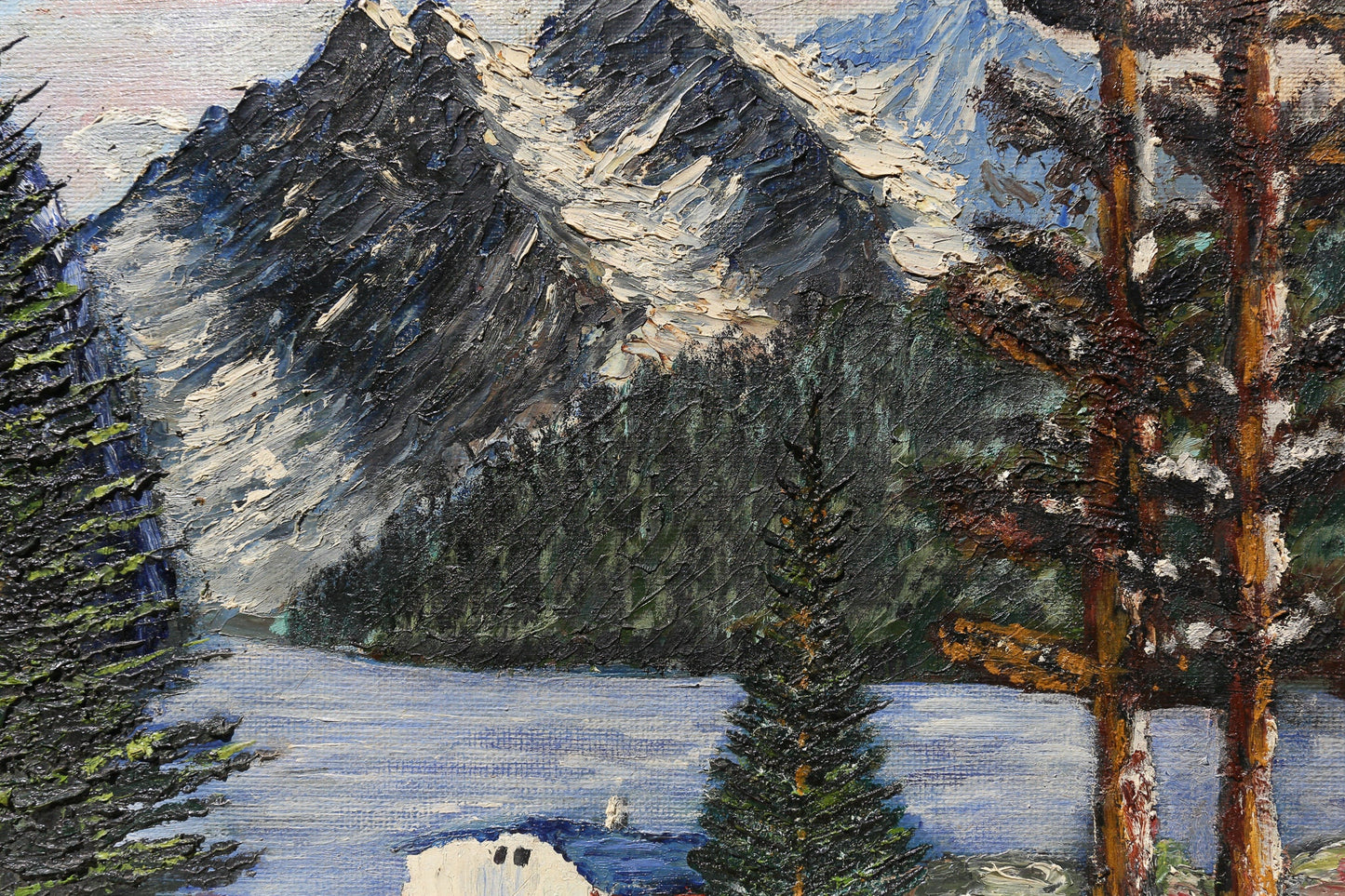 Oil Painting Mountain Lake Cottage Scene Artist Signed T. Halnosi on Board