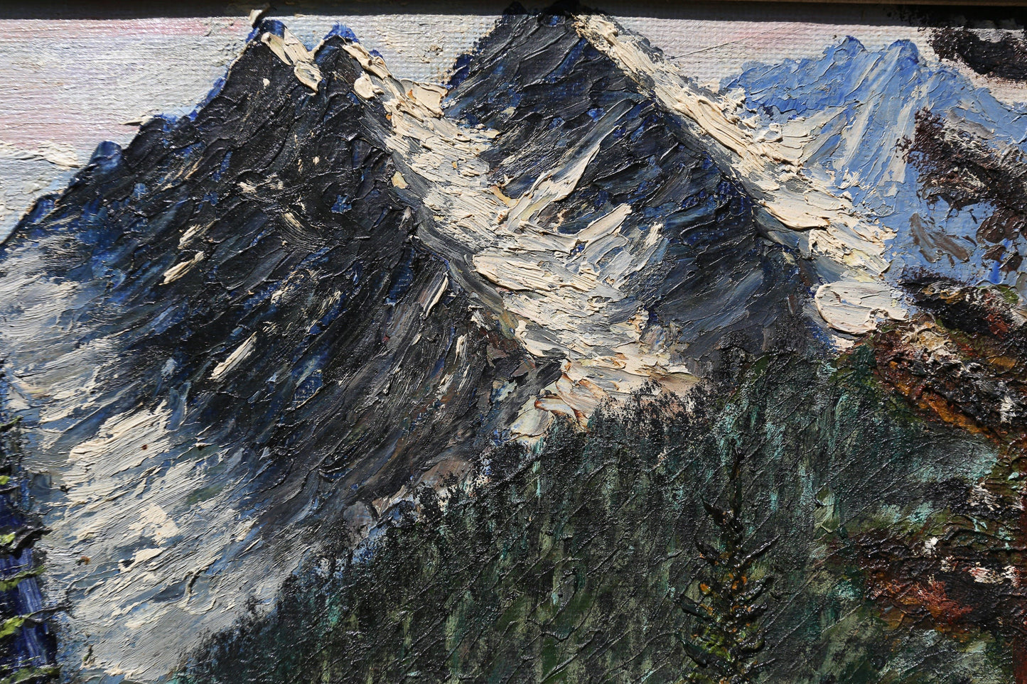 Oil Painting Mountain Lake Cottage Scene Artist Signed T. Halnosi on Board