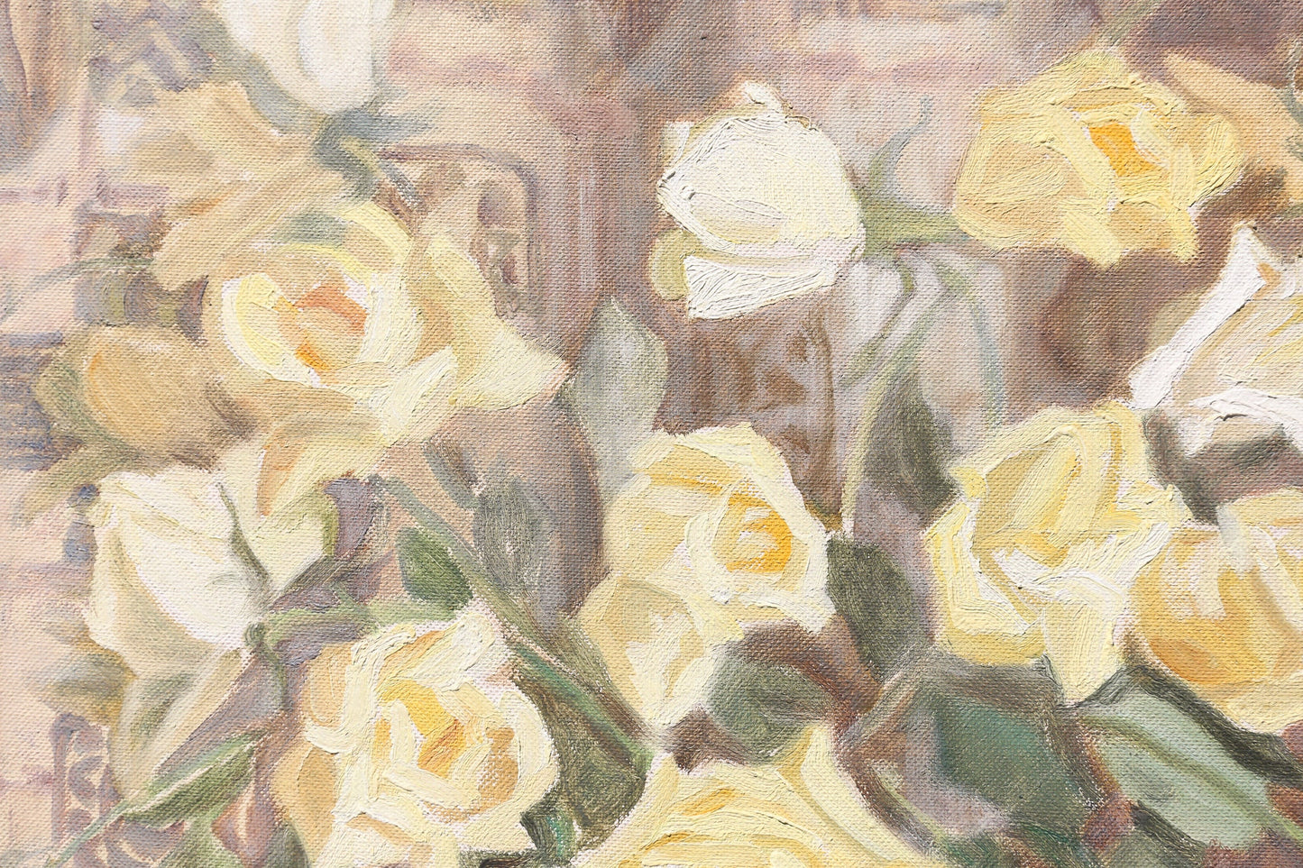 Painting Oil on Canvasboard "Pale Roses" Artist Signed Jule Melbardis 1950s Yellow Roses Modernist MCM Mid Century Modern Realist