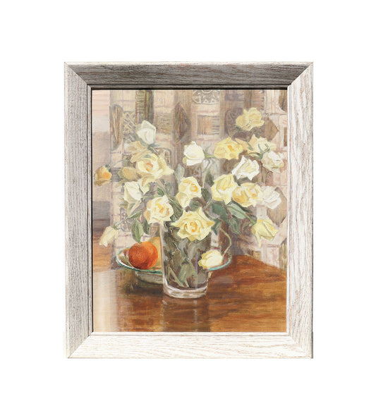 Painting Oil on Canvasboard "Pale Roses" Artist Signed Jule Melbardis 1950s Yellow Roses Modernist MCM Mid Century Modern Realist