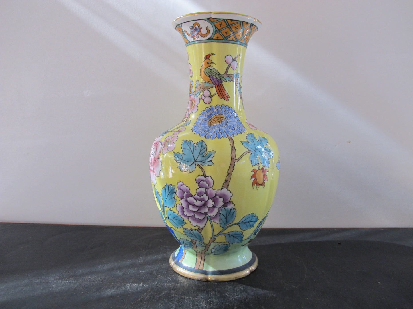 Vase Nippon Prunus Bird of Paradise Camellia Yellow Famille Jaune Japanese in Chinese Style Blue Magenta Teal