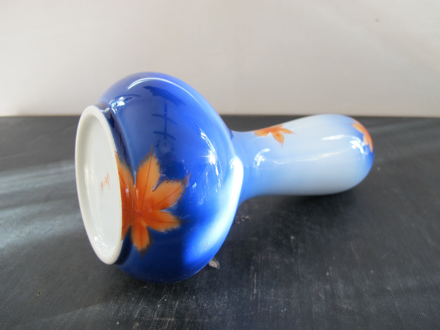 Vase Japanese Signed Marked Mount Fuji Gourd Form Drifting Maple Leaves Autumn Fall Orange Blue Entirely Handpainted