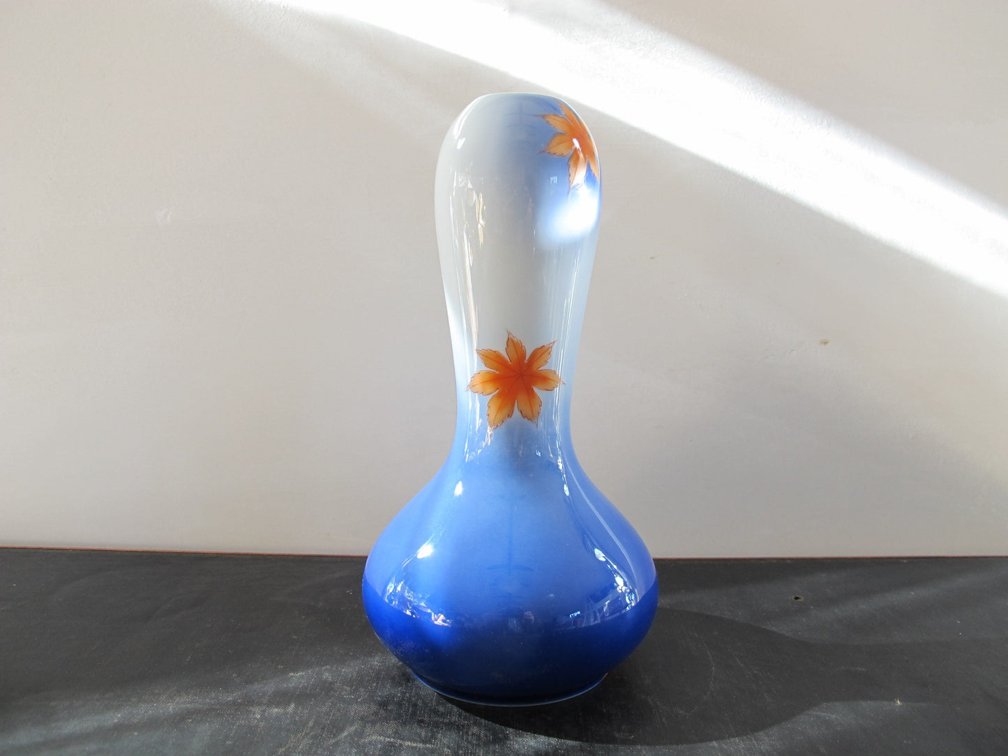 Vase Japanese Signed Marked Mount Fuji Gourd Form Drifting Maple Leaves Autumn Fall Orange Blue Entirely Handpainted