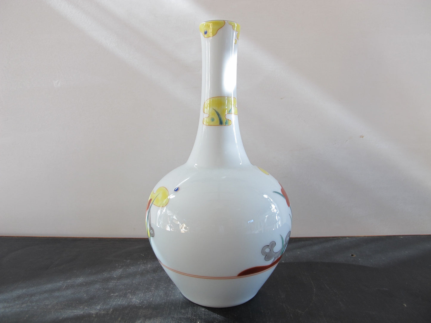 Vase Japanese Signed Marked Mount Fuji Iris Blue and Red with Yellow Cloud Form Entirely Handpainted